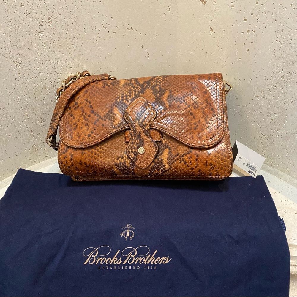 BROOKS BROTHERS Brown Leather Snakeskin Embossed Shoulder Bag with Gold Chain